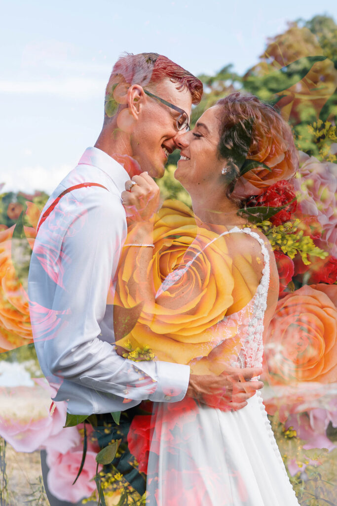 Double exposure of bride and groom kissing at their DePauw Nature Park elopement with flowers.