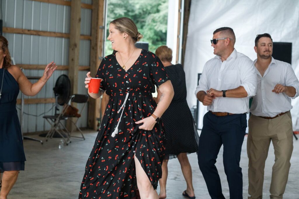 Guests dancing at an outdoor wedding in Indiana.