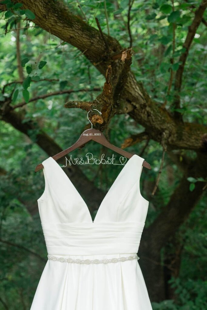Top of bride's wedding dress hanging from a tree branch.