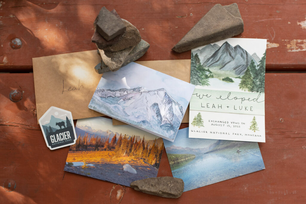 Elopement flatlay for couple who got married in the mountains of Glacier National Park.