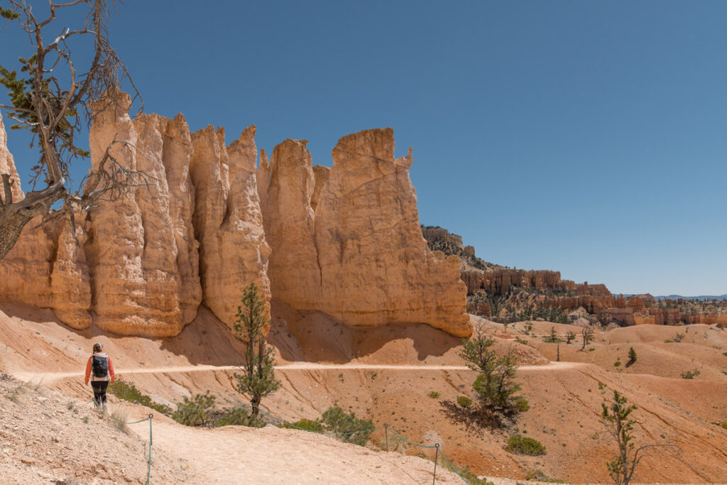 Woman hiking among hoodoos at Bryce Canyon National Park on a sunny day.