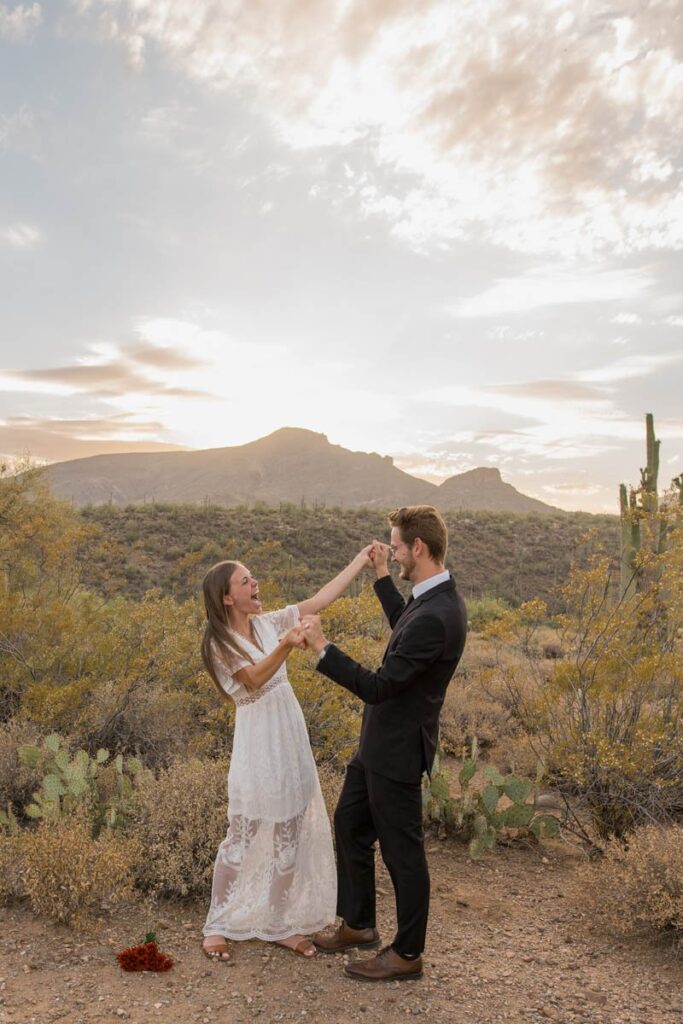 Bride and groom celebrate eloping in Arizona.