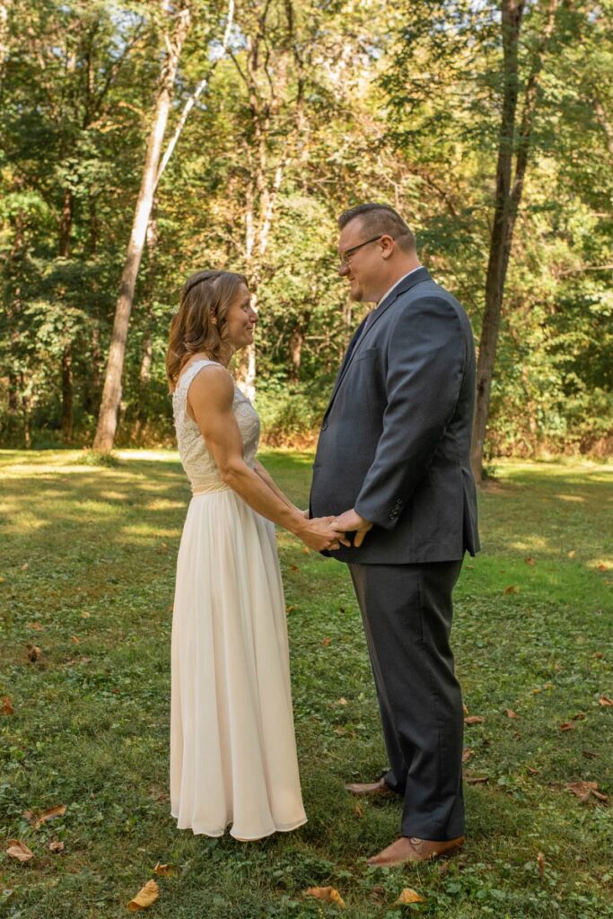 Bride and groom share their first look together at their Indiana elopement.