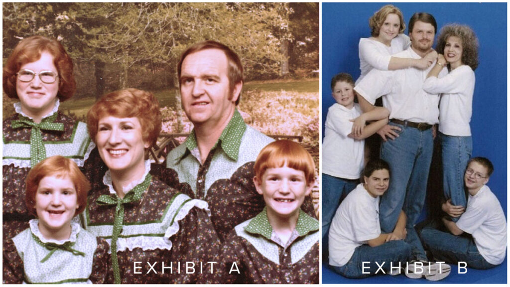 Two old photographs with matching outfits labeled Exhibit A and Exhibit B.