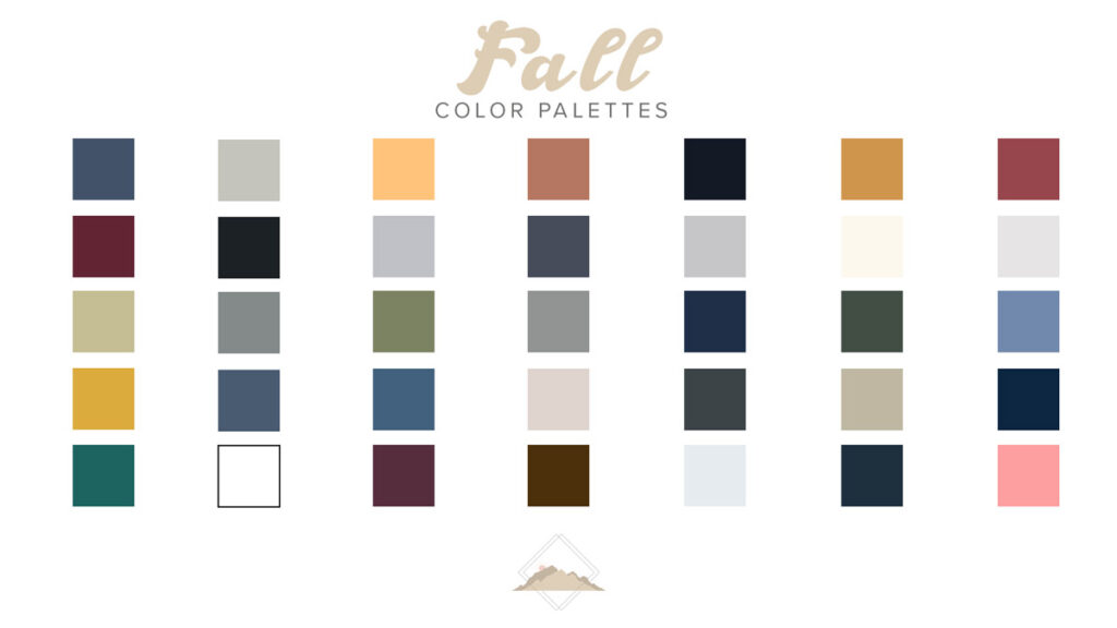 Fall color palettes organized with small squares of colors grouped together.