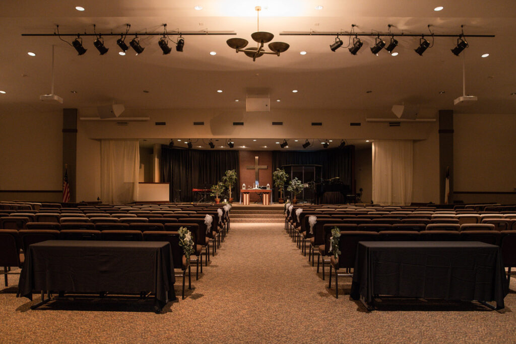 Cornerstone Christian Church in Brownsburg, Indiana decorated for wedding ceremony.