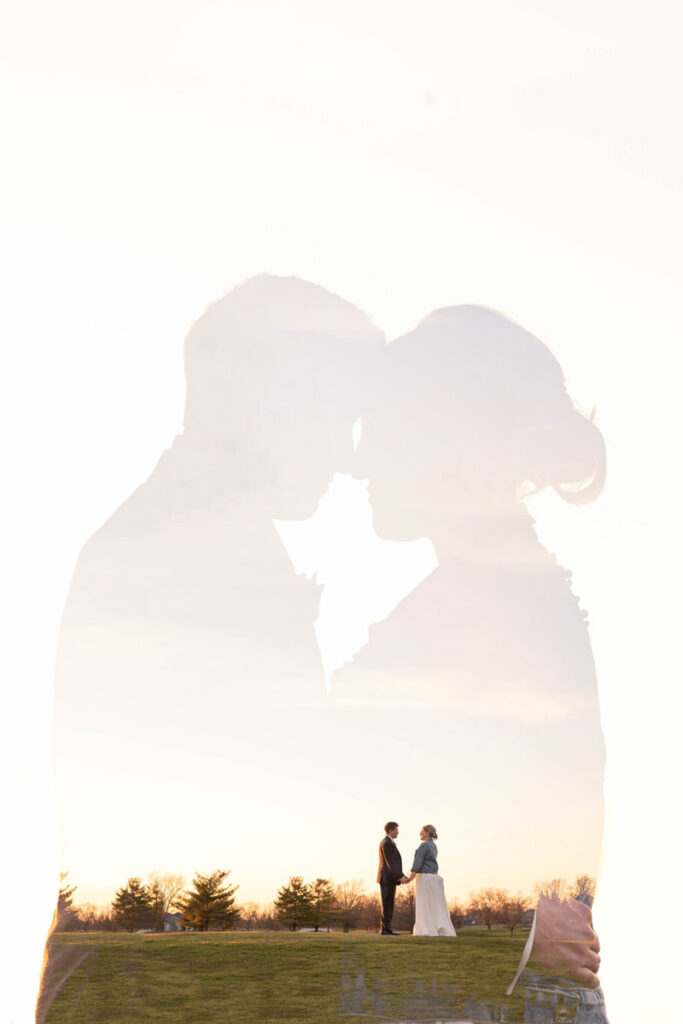 Double exposure of an image with couple holding each other with another image of bride and groom holding hands.