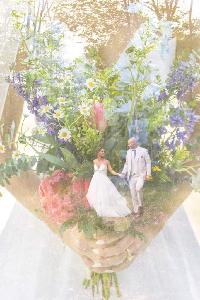 Bride holding her wildflower bouquet combined with image of bride and groom walking together.