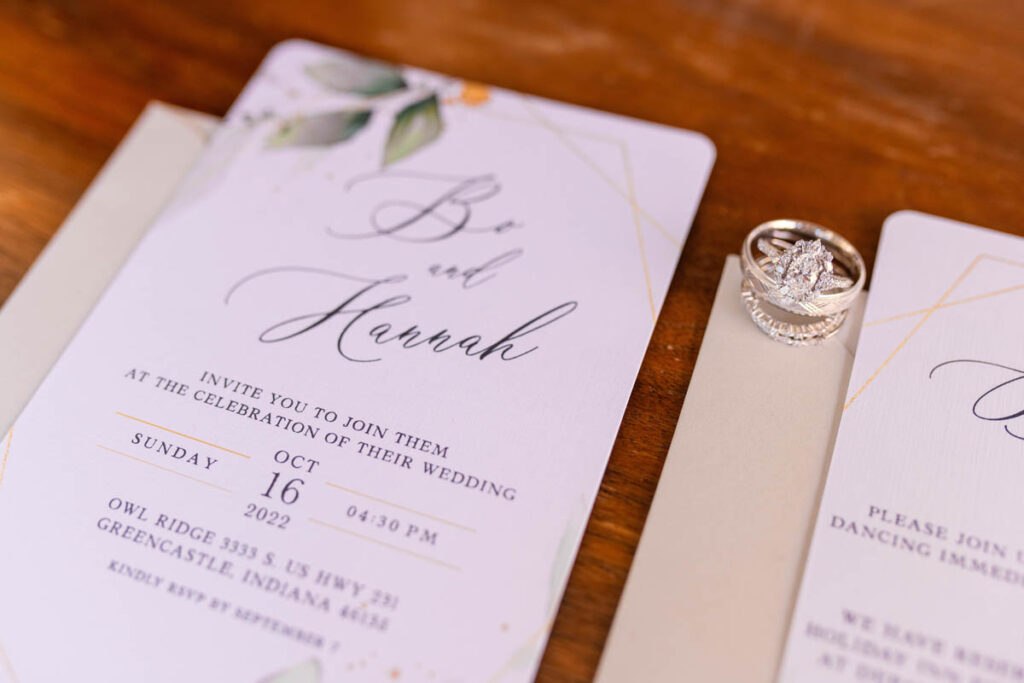 Wedding rings resting on invitations