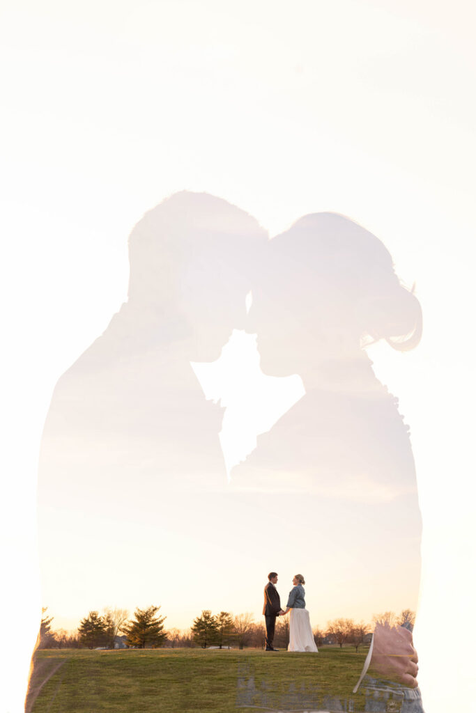 Double exposure of bride and groom's silhouettes with another photo of them at sunset.