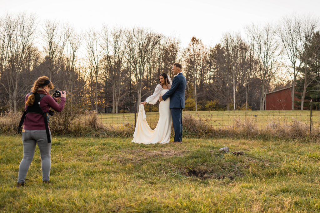 Wedding photo and video team document bride and groom's sunset portraits.