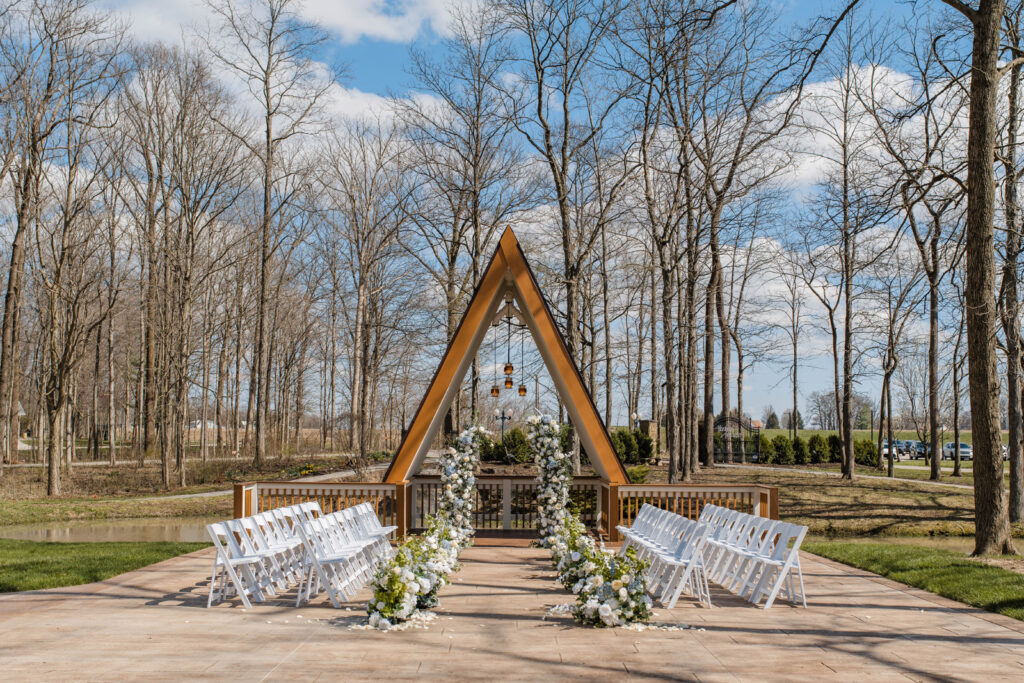 A-frame arch for outdoor ceremony at Lizton Lodge Wedding Venue.