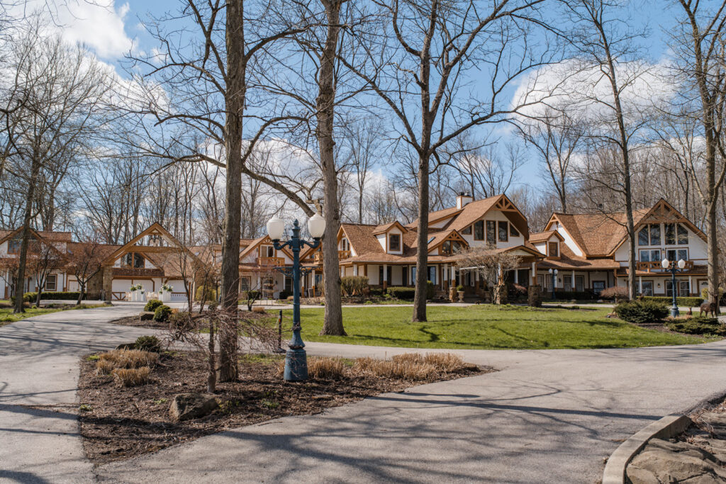 The outside of Lizton Lodge Wedding Venue during a spring day in April.