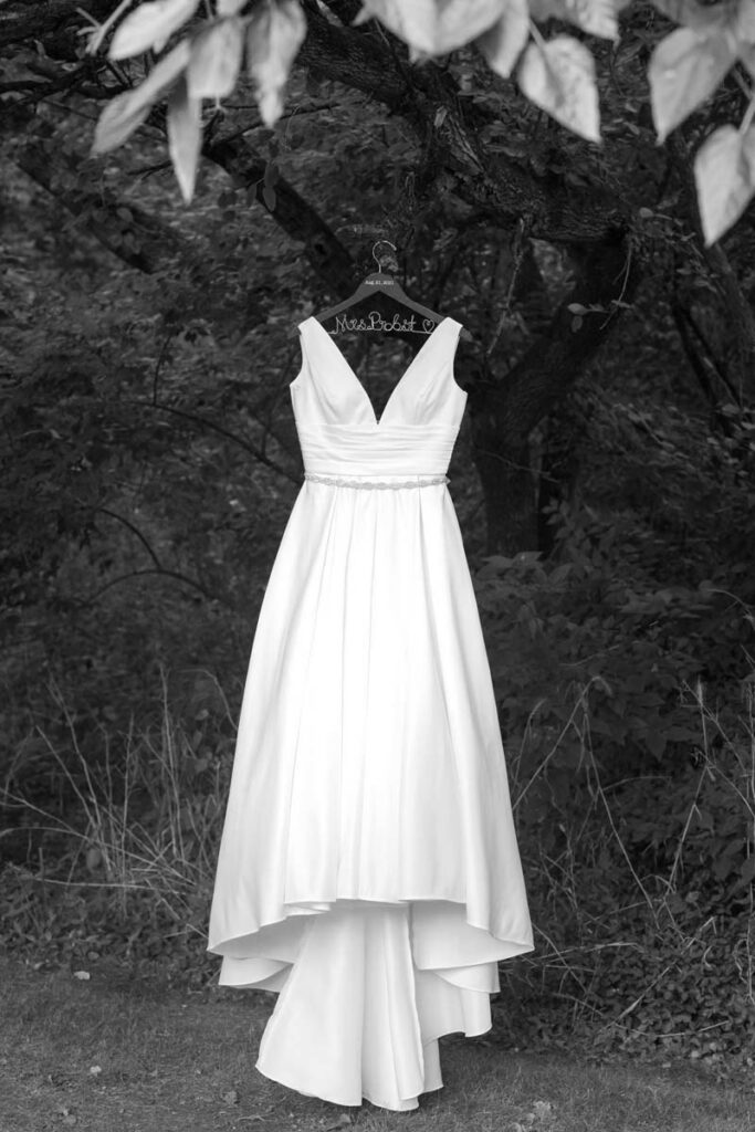 Bride's wedding dress is handing from a tree branch.